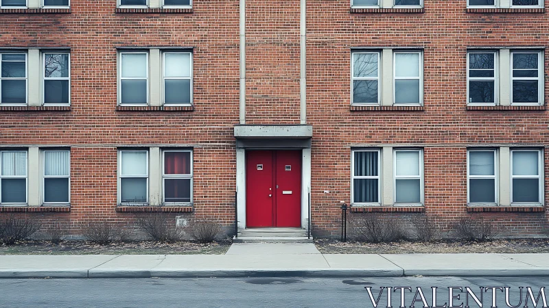 Symmetrical red entrance punctuates mid-century brick facade