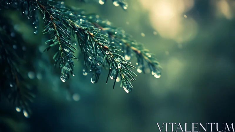 Macro optical study of rain-soaked conifer needles at dusk.