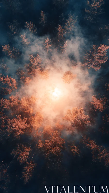 Glowing dawn mist settles gently over a quiet autumn forest