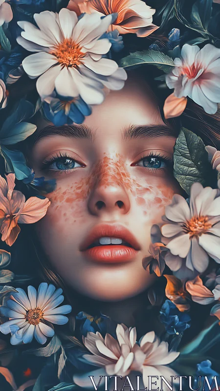Rendered female face is framed by dense surrounding flowers