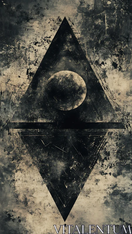 Lunar orb suspended within distressed geometric monolith