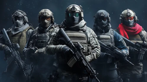 Elite tactical squad stands ready in futuristic combat gear.