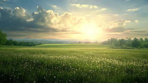 Sunlit meadow stretches under dramatic summer sky.