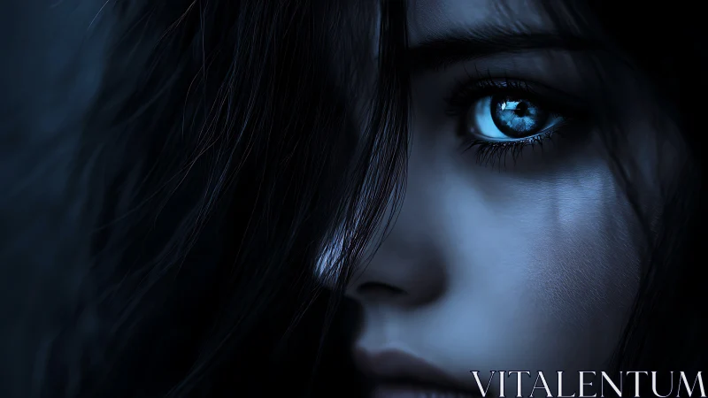 Glimmering blue eye watches softly through shadows and silence