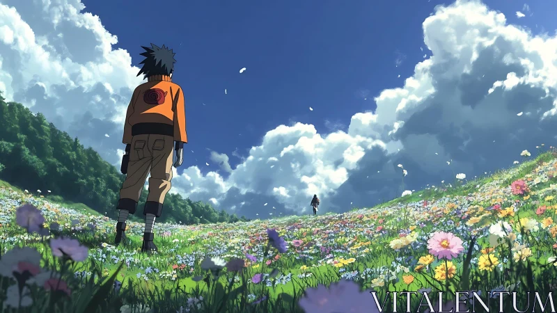 Two anime travelers cross a sunlit meadow under vast clouds