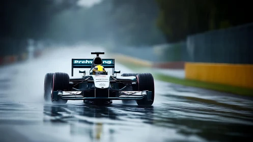 Single formula race car on wet track under rainfall conditions.