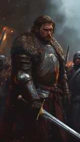 Battle-worn medieval warrior stands in burning battlefield