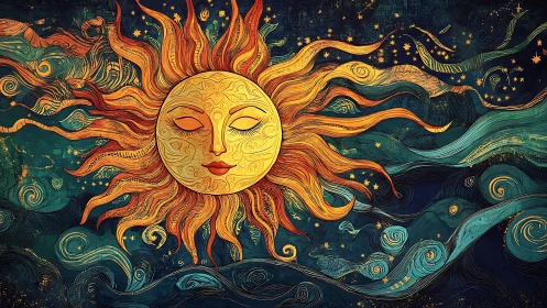 Stylized sun with facial features occupies central swirling sky