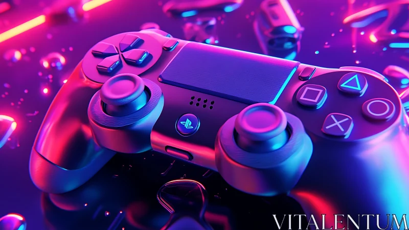 Neon lit gaming controller in vibrant cyberpunk colors.