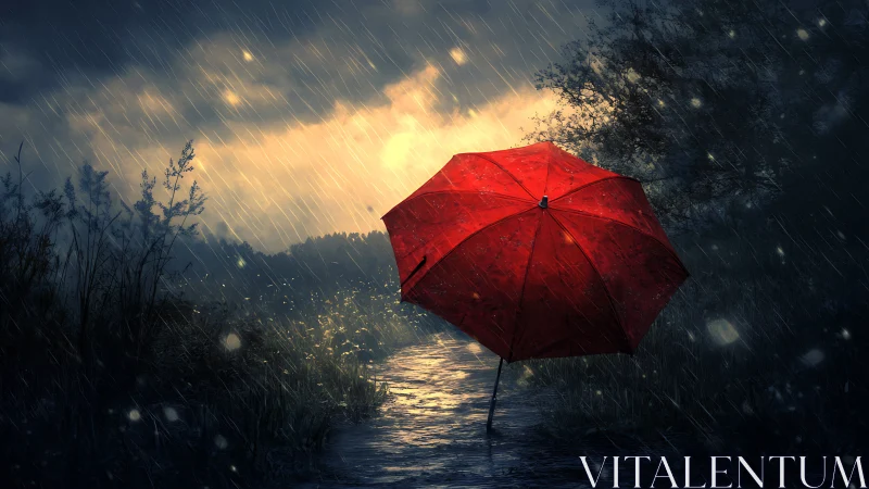 Solitary red umbrella glowing in cinematic twilight rain.