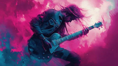 Electric guitarist dives into neon sound and swirling color energy