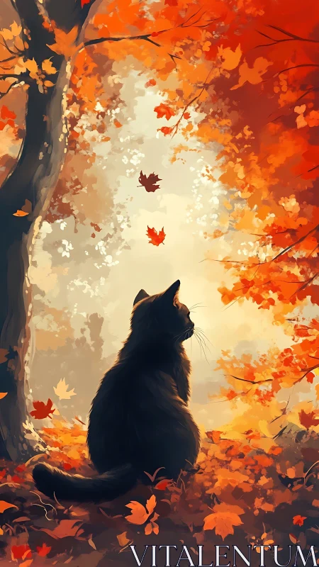 Black cat gazing at falling autumn leaves.
