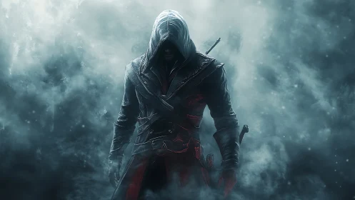 Hooded figure in leather coat within dense atmospheric fog.
