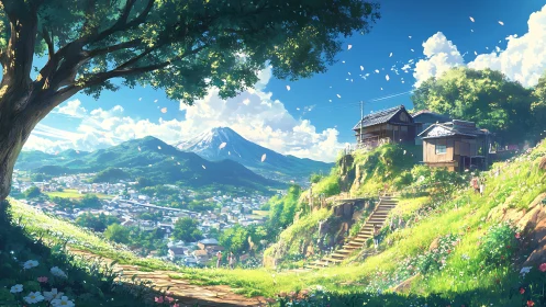 Sunlit hillside village welcomes a peaceful summer day