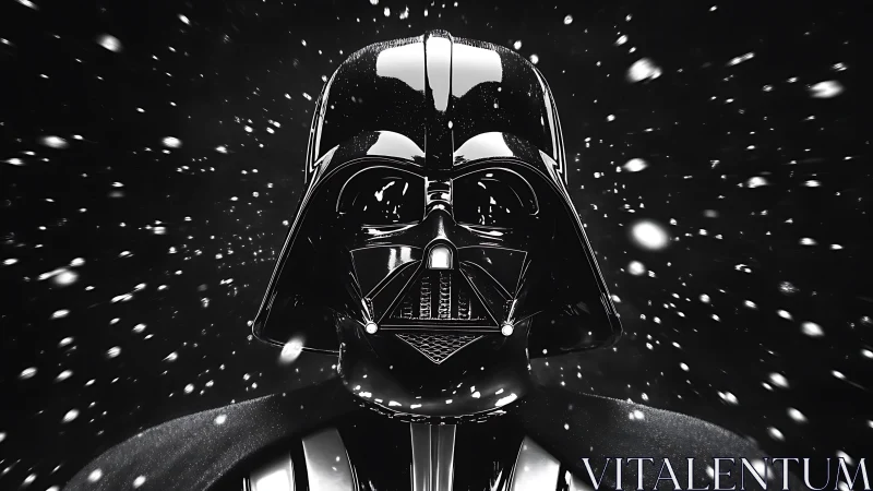 Darth Vader style black helmet rendered amid floating particles