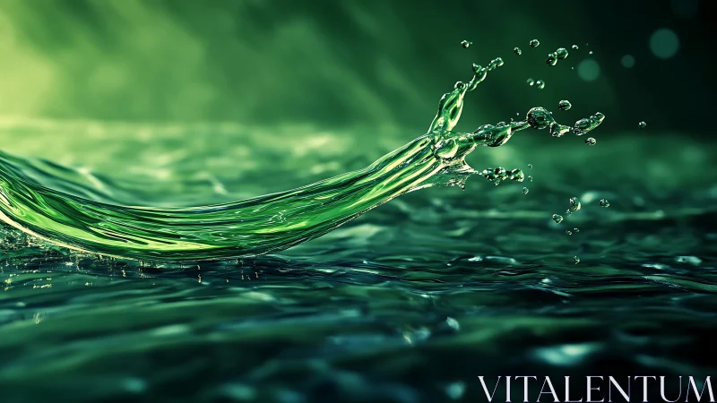 Green liquid splash frozen in motion over rippling water.
