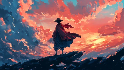 Backlit cloaked wanderer observes high-saturation sunset sky