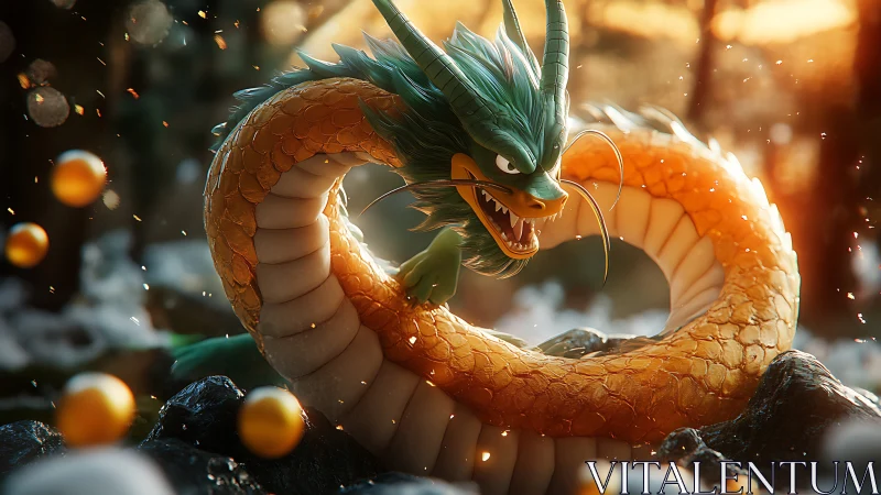 Golden dragon coils among glowing orbs in soft forest light.