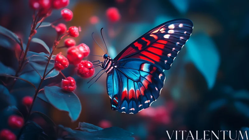 Vivid blue and red butterfly resting on red garden berries.