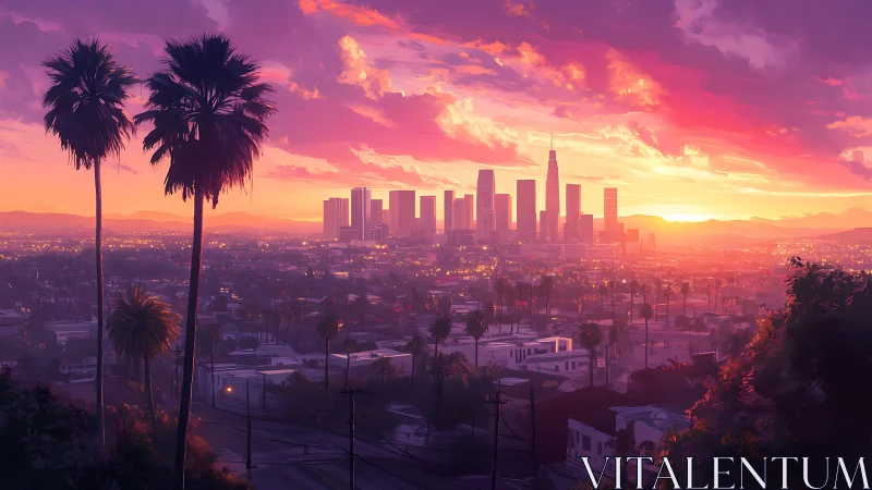 Colorful sunset skyline over palm-lined Los Angeles cityscape.