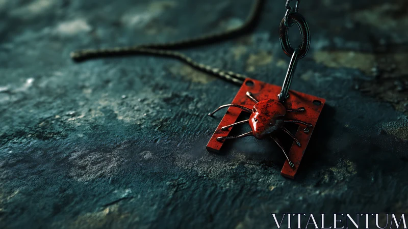 Rust red cyber bug tag on weathered teal metal ground.