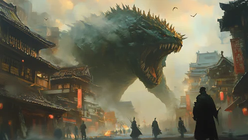 Kaiju incursion across mist-laden neo-feudal streetscape.