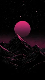Neon crimson planet over shadowed ridgeline peaks.