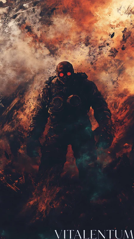 Post-apocalyptic soldier silhouette in infernal smoke field.