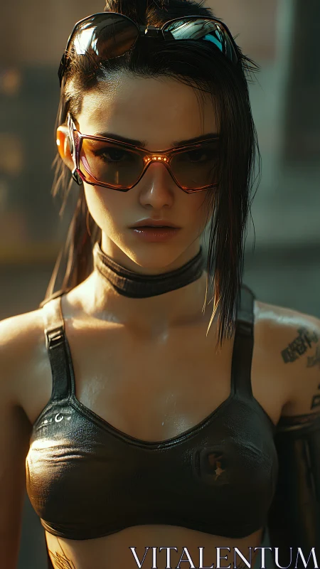 Cyberpunk BDSM teen girl portrait with high-gloss shaders and warm rim lighting