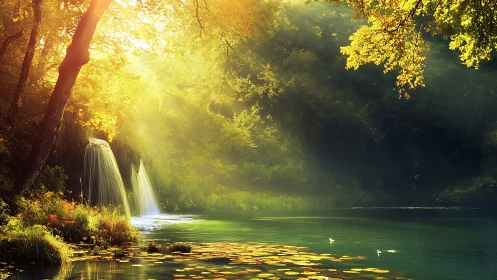 Sunlit forest waterfall over calm green reflective pond.
