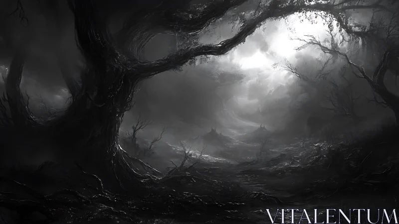 Moonlit path through a hauntingly beautiful shadowed forest.