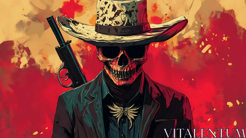 Gun-toting skeletal cowboy stands in blazing red inferno.