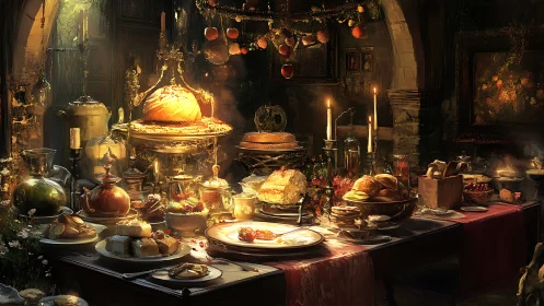 Candlelit banquet table displays assorted breads and desserts