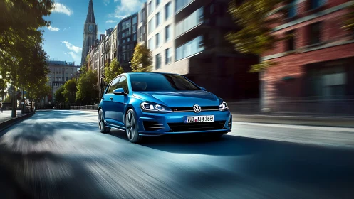 Blue Volkswagen hatchback driving on empty city street.