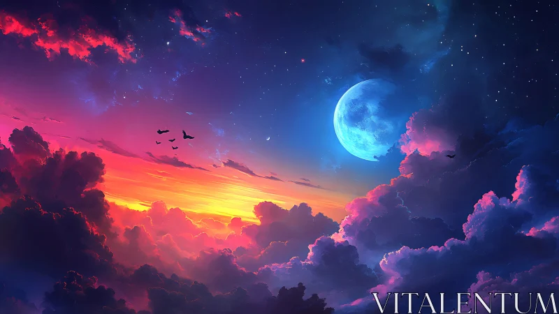 Twilight clouds cradle a neon moon in dream-bright skies.