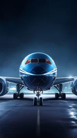 Night frontal view of widebody airliner under cinematic ramp lighting