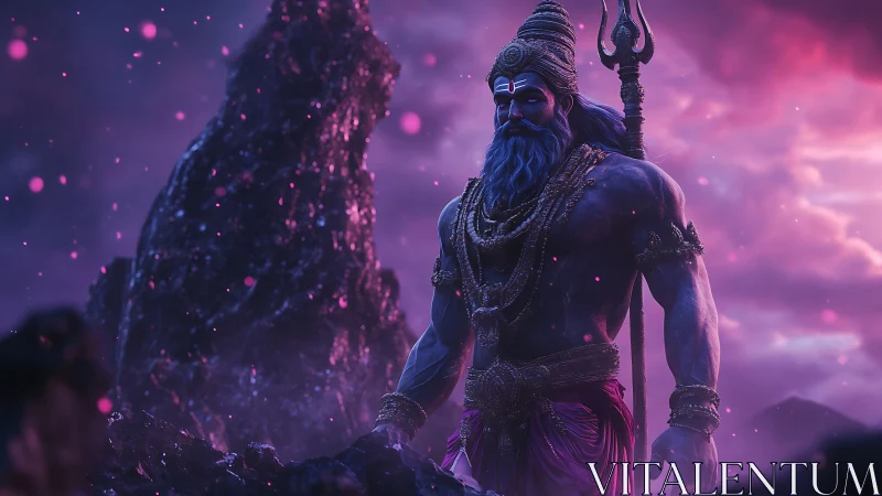 Mythic warrior stands beneath a glowing violet storm sky.