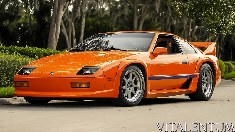 Orange sports coupe parked on residential street in daylight.