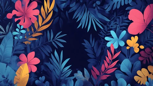 Tropical floral foliage frames deep midnight blue void