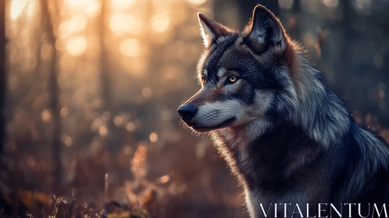Grey wolf profile in soft backlit forest environment.