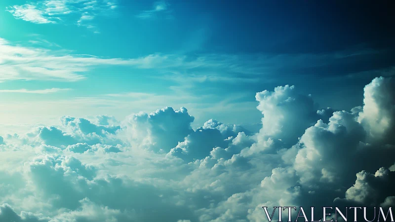 Sunlit cumulus cloudscape under deep blue sky.