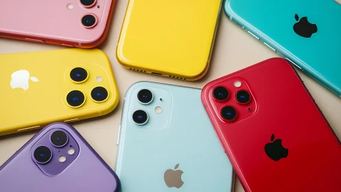 Colored smartphones lie arranged with rear dual camera modules