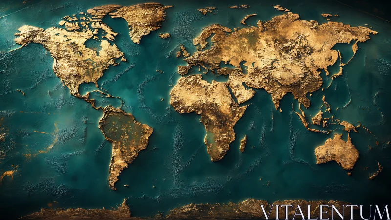 Textured gold world map on teal ocean background wall art.