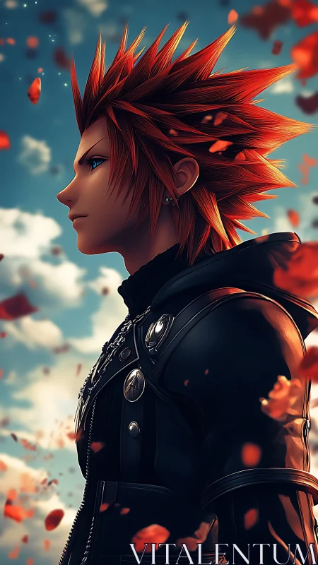 Red haired warrior in black coat stands amid drifting petals