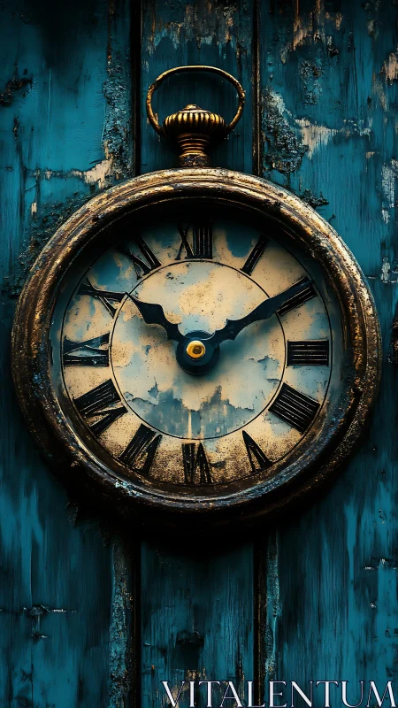 Weathered pocket watch resting on a rustic teal door.