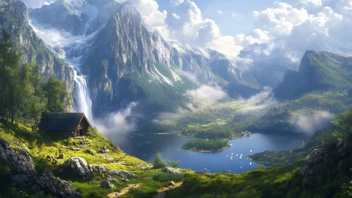Mountain lake valley with cabin, waterfall and distant sailboats
