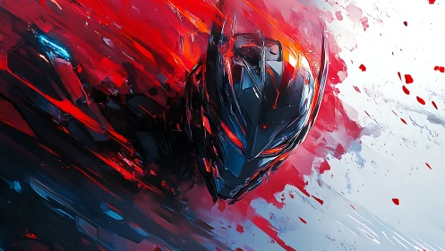 Angular cybernetic helm emerges through red kinetic paint fracture