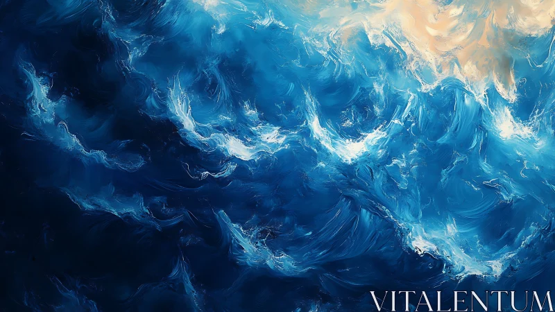Abstract blue ocean surface with swirling light strokes.