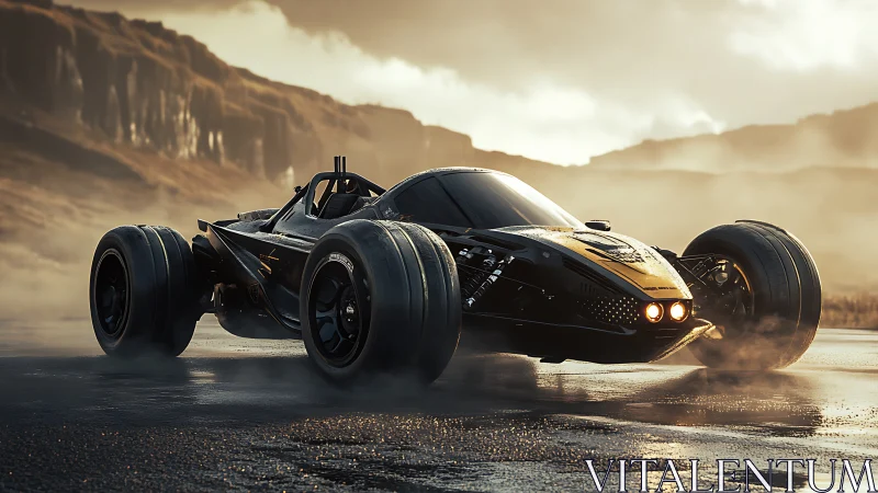 Low-slung experimental hypercar on misty basalt highway at dawn