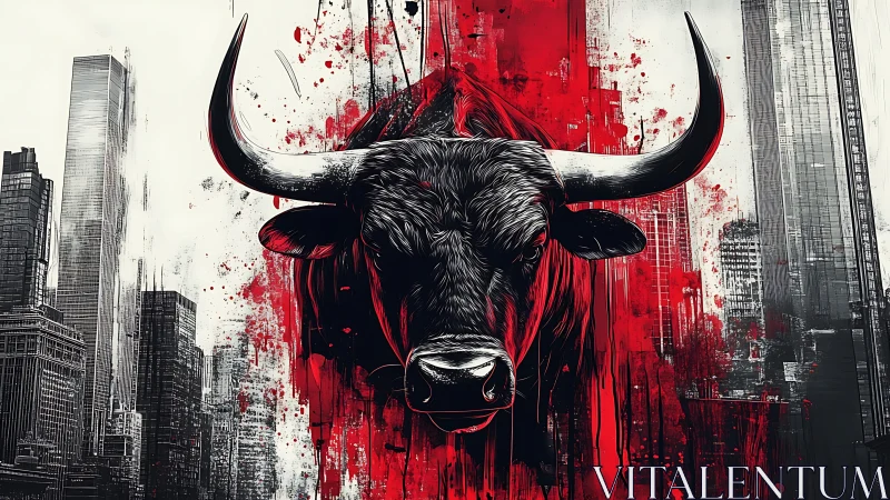 Bold bull surges through a gritty red and gray cityscape